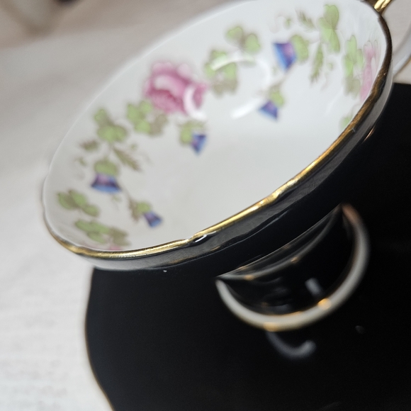 Ansley England Tea Cup and Saucer BLACK Floral Flowers Floral Design Teacup - Picture 5 of 16
